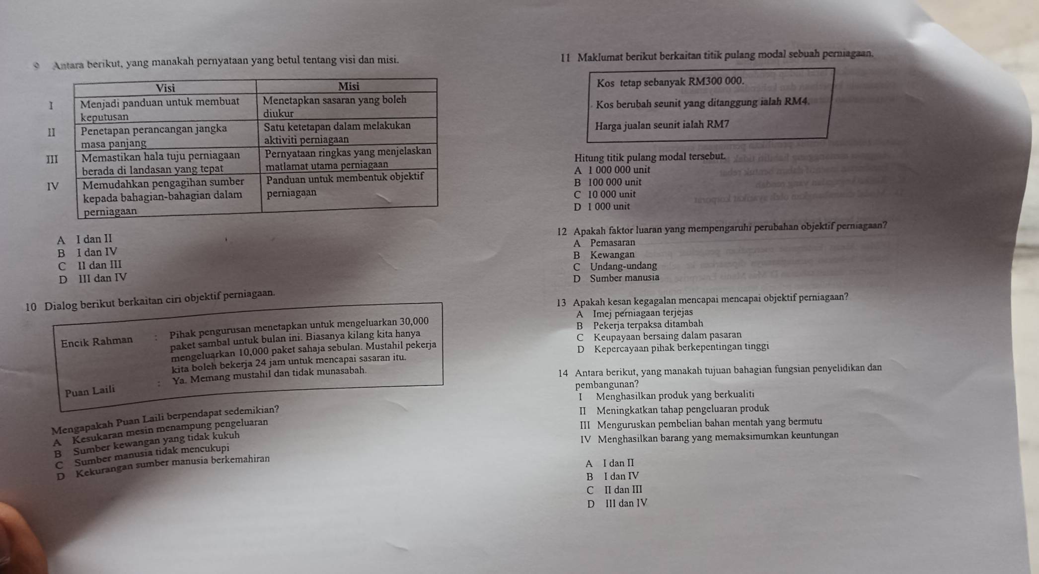 Antara berikut, yang manakah pernyataan yang betul tentang visi dan misi. I1 Maklumat berikut berkaitan titik pulang modal sebuah perniagaan.
Kos tetap sebanyak RM300 000.
Kos berubah seunit yang ditanggung ialah RM4.
Harga jualan seunit ialah RM7
I
Hitung titik pulang modal tersebut.
A 1 000 000 unit
B 100 000 unit
C 10 000 unit
D 1 000 unit
A I dan II 12 Apakah faktor luaran yang mempengaruhi perubahan objektif perniagaan?
B I dan IV A Pemasaran
B Kewangan
C II dan III
C Undang-undang
D III dan IV D Sumber manusia
13 Apakah kesan kegagalan mencapai mencapai objektif perniagaan?
10 Dialog berikut berkaitan ciri objektif perniagaan.
A Imej perniagaan terjejas
Pihak pengurusan menetapkan untuk mengeluarkan 30,000
B Pekerja terpaksa ditambah
Encik Rahman paket sambal untuk bulan ini. Biasanya kilang kita hanya C Keupayaan bersaing dalam pasaran
mengeluarkan 10,000 paket sahaja sebulan. Mustahil pekerja D Kepercayaan pihak berkepentingan tinggi
kita boleh bekerja 24 jam untuk mencapai sasaran itu.
Ya. Memang mustahil dan tidak munasabah. 14 Antara berikut, yang manakah tujuan bahagian fungsian penyelidikan dan
Puan Laili
pembangunan?
I Menghasilkan produk yang berkualiti
Mengapakah Puan Laili berpendapat sedemikian?
II Meningkatkan tahap pengeluaran produk
A Kesukaran mesin menampung pengeluaran
III Menguruskan pembelian bahan mentah yang bermutu
B Sumber kewangan yang tidak kukuh
IV Menghasilkan barang yang memaksimumkan keuntungan
C Sumber manusia tidak mencukupi
D Kekurangan sumber manusia berkemahiran
A I dan II
B I dan IV
C II dan III
D III dan IV