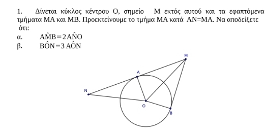 Δίνεται κύκλος κέντρου Ο, σημείο Μ εκτός αυτού και τα εφαπτόμενα 
τμήματα ΜΑ και ΜΒ. Προεκτείνουμε το τμήμα ΜΑ κατά AN=MA. Να αποδείξετε 
ότι: 
α. Ahat MB=2Ahat NO
β. Bhat ON=3Ahat ON