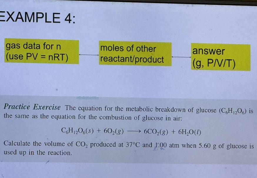 EXAMPLE 4: 
gas data for n moles of other answer 
(use PV=nRT) reactant/product (g, P/V/T) 
Practice Exercise The equation for the metabolic breakdown of glucose (C_6H_12O_6) is 
the same as the equation for the combustion of glucose in air:
C_6H_12O_6(s)+6O_2(g)to 6CO_2(g)+6H_2O(l)
Calculate the volume of CO_2 produced at 37°C and 1.00 atm when 5.60 g of glucose is 
used up in the reaction.