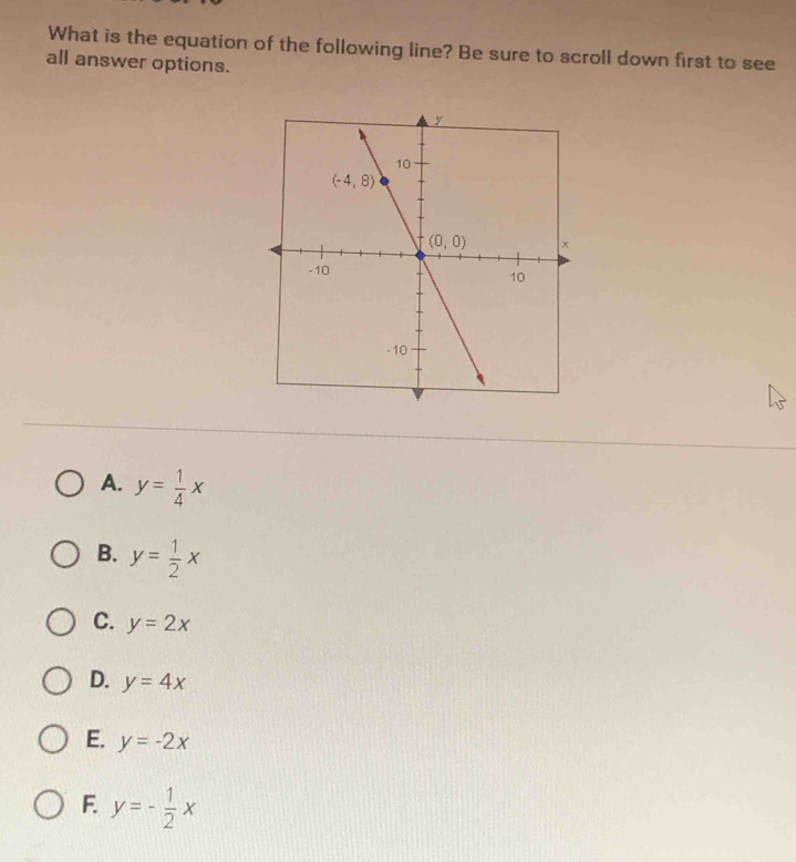 What is the equation of the following line? Be sure to scroll down first to see
all answer options.
A. y= 1/4 x
B. y= 1/2 x
C. y=2x
D. y=4x
E. y=-2x
F. y=- 1/2 x