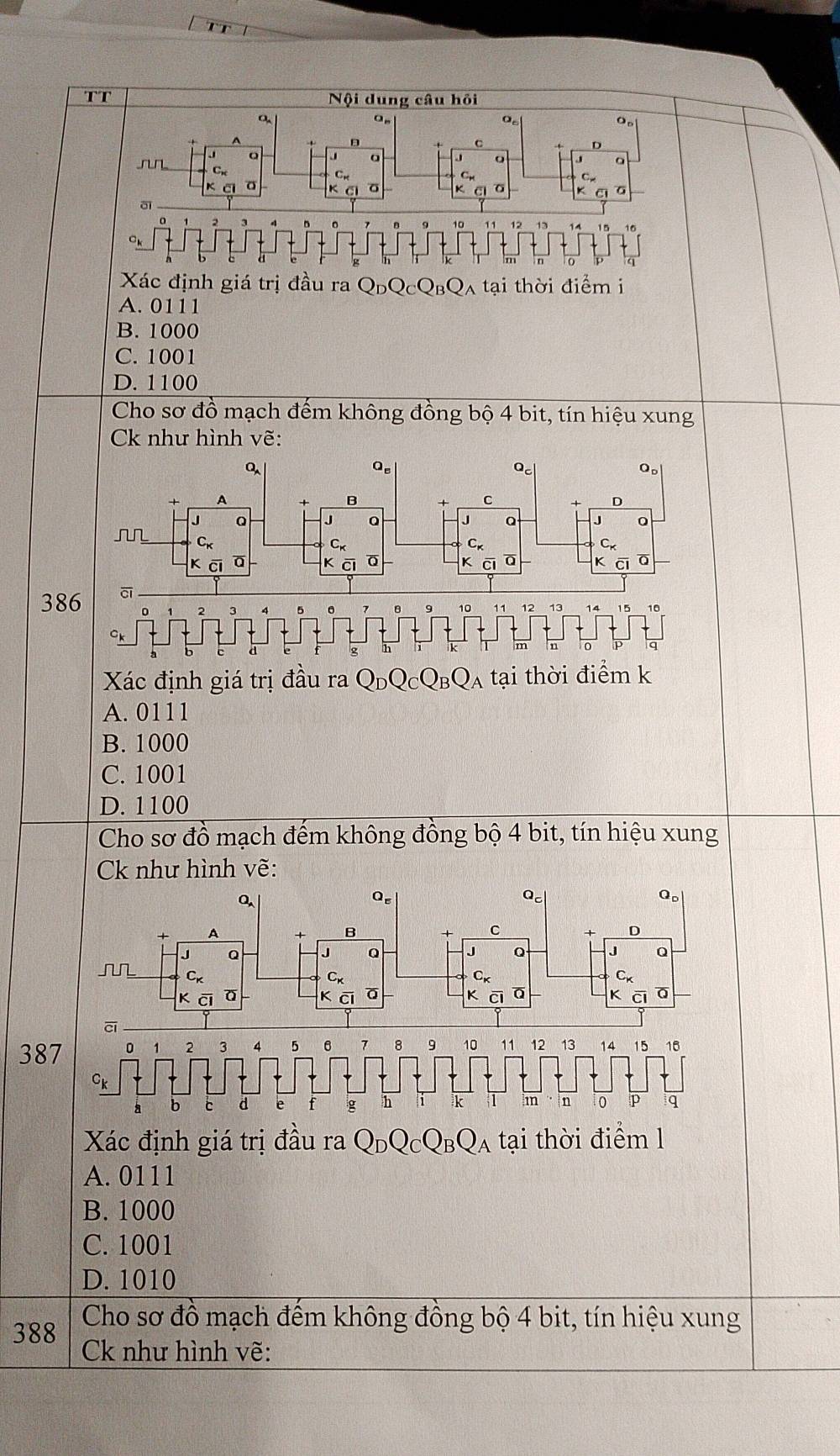 rr |
TT Nội dung câu hỏi
On
o.
O。
C
  
rr
o
。
K
K cl a   a  
Xác định giá trị đầu ra Q_DQ_CQ_BQ_A tại thời điểm i
A. 0111
B. 1000
C. 1001
D. 1100
Cho sơ đồ mạch đếm không đồng bộ 4 bit, tín hiệu xung
CK như hình vẽ:
a
Q
0。
A
B
C
D
Q J Q J
rr
CK
C
C
k ci ā kāi
386 āī  k ci a K C
3
9 10 1 1 13
CK
g 1 L
Xác định giá trị đầu ra Q_DQ_C Q_BQ_A tại thời điểm k
A. 0111
B. 1000
C. 1001
D. 1100
Cho sơ đồ mạch đếm không đồng bộ 4 bit, tín hiệu xung
CK như hình vẽ:
38
Xác định giá trị đầu ra Q_DQ_CQ_BQ_A tại thời điểm l
A. 0111
B. 1000
C. 1001
D. 1010
388 Cho sơ đồ mạch đếm không đồng bộ 4 bit, tín hiệu xung
CK như hình vẽ: