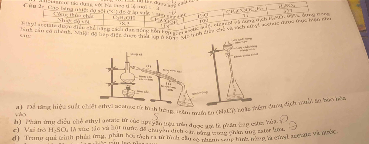 du thu được hợp 
chất c
Salbutamol tác dụng với Na theo tỉ lệ mol 1:3.
CH_3COOC ,H. H_2SO_4
Câu 2: Cho bảng nhiệt độ sôi (^circ C ) đo ở áp suất 1 atm như say: H_2O
337
77
Công thức chất C₂H₅OH CH₃COOH 100
Nhiệt độ sôi 78, 3 118
d, ethanol và dung dịch H SO4 98%, đựng trong
Ethyl acetate được điều chế bằng cách đun nóng hỗn hợp gồm acetic
sau: 80°C * Mô hình điều chế và tách ethyl acetate được thực hiện như
bình cầu có nhánh. Nhiệt độ bếp điện được thiết lập ở
Lớp chết lêng
ớp chất lông nàng hơn
Khóa phẫu chiết
a) Để tăng hiệu suất ch hứng, thêm muối ăn (NaCl) hoặc thêm dung dịch muối ăn bão hòa
vào.
b) Phản ứng điều chế ethyl aetate từ các nguyên liệu trên được gọi là phản ứng ester hóa.
c) Vai trò H_2SO_4 là xúc tác và hút nước đề chuyển dịch cân bằng trong phản ứng ester hóa.
d) Trong quá trình phản ứng, phần hơi tách ra từ bình cầu có nhánh sang bình hứng là ethyl acetate và nước.