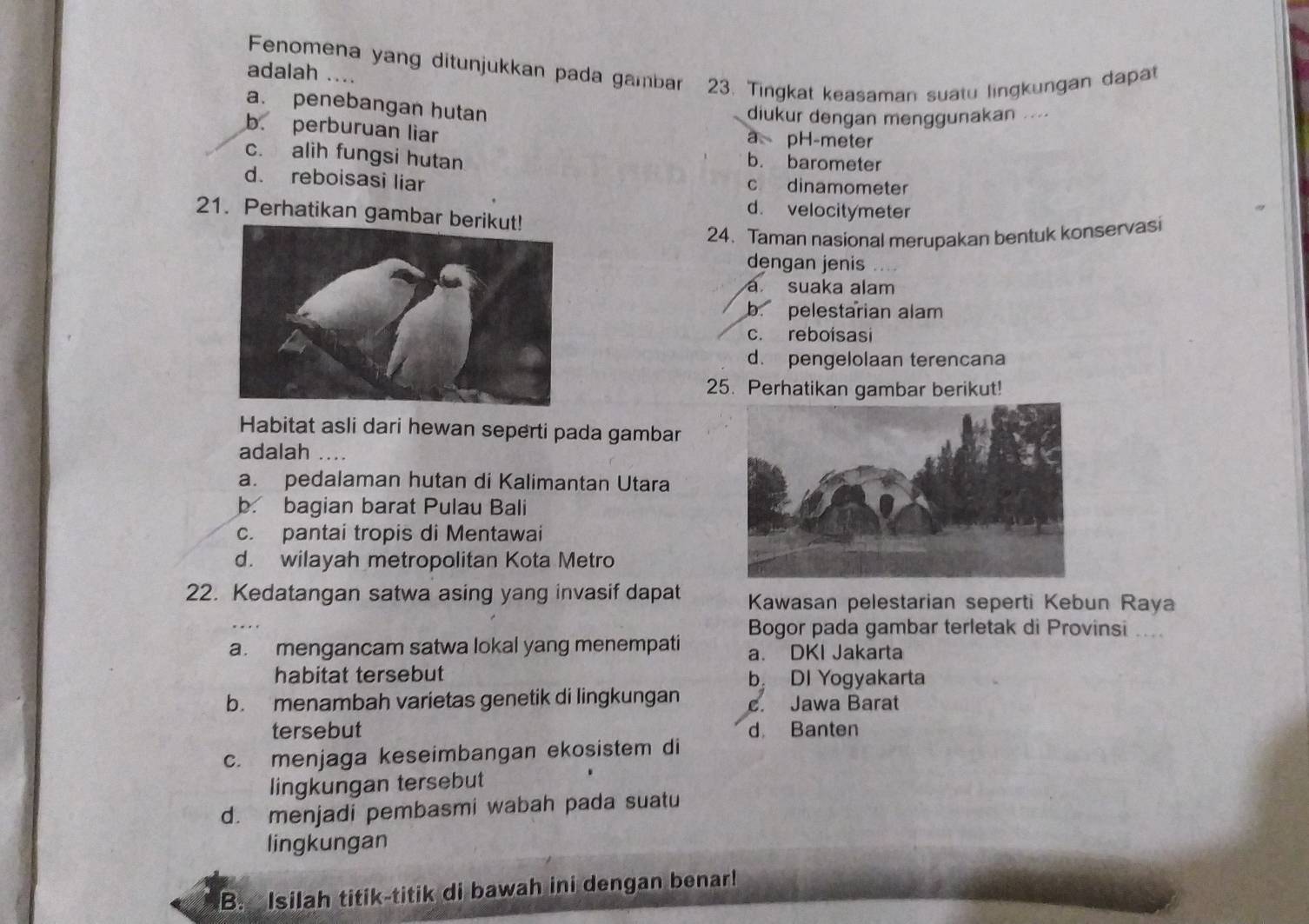 Fenomena yang ditunjukkan pada gambar 23. Tingkat keasaman suatu lingkungan dapat
adalah ....
a. penebangan hutan
diukur dengan menggunakan ....
b. perburuan liar a pH-meter
c. alih fungsi hutan b. barometer
d. reboisasi liar c dinamometer
d. velocitymeter
21. Perhatikan gambar berik
24. Taman nasional merupakan bentuk konservasi
dengan jenis
a suaka alam
b. pelestarian alam
c. reboisasi
d. pengelolaan terencana
25. Perhatikan gambar berikut!
Habitat asli dari hewan seperti pada gambar
adalah …..
a. pedalaman hutan di Kalimantan Utara
b. bagian barat Pulau Bali
c. pantai tropis di Mentawai
d. wilayah metropolitan Kota Metro
22. Kedatangan satwa asing yang invasif dapat Kawasan pelestarian seperti Kebun Raya
Bogor pada gambar terletak di Provinsi ....
a. mengancam satwa lokal yang menempati a. DKI Jakarta
habitat tersebut b DI Yogyakarta
b. menambah varietas genetik di lingkungan. Jawa Barat
tersebut d Banten
c. menjaga keseimbangan ekosistem di
lingkungan tersebut
d. menjadi pembasmi wabah pada suatu
lingkungan
B. Isilah titik-titik di bawah ini dengan benar!