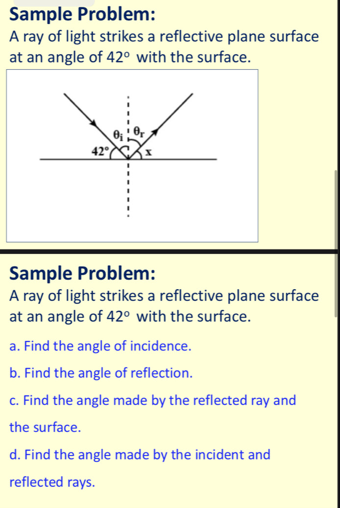 Sample Problem:
A ray of light strikes a reflective plane surface
at an angle of 42° with the surface.
Sample Problem:
A ray of light strikes a reflective plane surface
at an angle of 42° with the surface.
a. Find the angle of incidence.
b. Find the angle of reflection.
c. Find the angle made by the reflected ray and
the surface.
d. Find the angle made by the incident and
reflected rays.