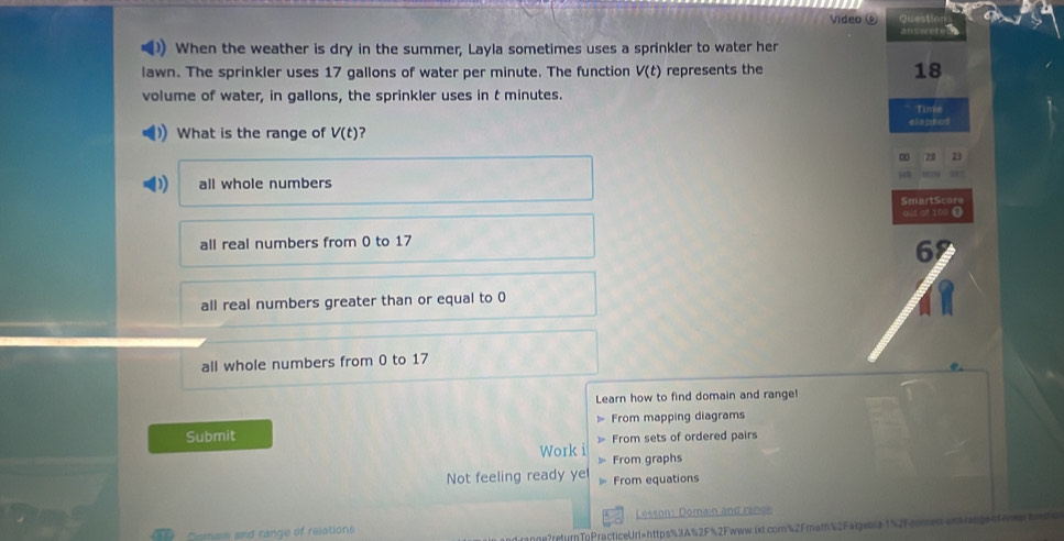 Video Quest

When the weather is dry in the summer, Layla sometimes uses a sprinkler to water her
lawn. The sprinkler uses 17 gallons of water per minute. The function V(t) represents the 18
volume of water, in gallons, the sprinkler uses in t minutes.
Time
elapsed
What is the range of V(t) ?
0 20 73
all whole numbers
SmartScore
out of 100
all real numbers from 0 to 17
6
all real numbers greater than or equal to 0
all whole numbers from 0 to 17
Learn how to find domain and range!
Submit From mapping diagrams
Work i From sets of ordered pairs
From graphs
Not feeling ready ye From equations
Somes and range of relations Lesson: Domain and rande
nne?returnToPracticeUrl=https%3A%2F%2Fwww ix.com%2Fmath%2Falgeba1%2Fcomen entrangestomn hd o