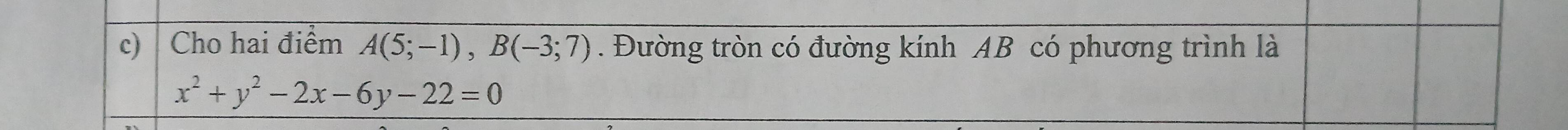 Cho hai điểm A(5;-1), B(-3;7). Đường tròn có đường kính AB có phương trình là
x^2+y^2-2x-6y-22=0