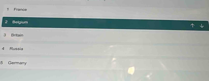 France 
2 Belgium 
3 Britain 
4 Russia 
5 Germany