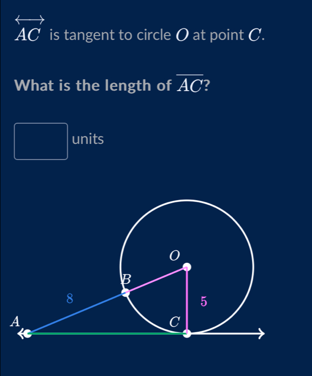 overleftrightarrow AC is tangent to circle O at point C. 
What is the length of overline AC 2
PMNK>□  units