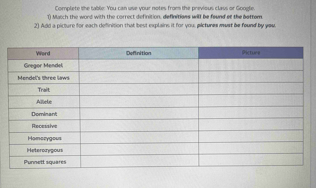 Complete the table: You can use your notes from the previous class or Google. 
1) Match the word with the correct definition, definitions will be found at the bottom. 
2) Add a picture for each definition that best explains it for you, pictures must be found by you.