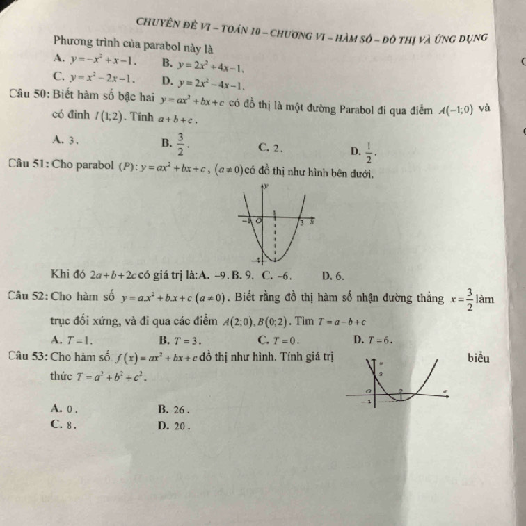 CHUYÊN ĐÈ VI - TOÁN 10 - CHươNG VI - HàM SÔ - đô tHị Và ỨnG DụNG
Phương trình của parabol này là
A. y=-x^2+x-1. B. y=2x^2+4x-1.
C. y=x^2-2x-1. D. y=2x^2-4x-1. 
Câu 50: Biết hàm số bậc hai y=ax^2+bx+c có đồ thị là một đường Parabol đi qua điểm A(-1;0) và
có đinh I(1;2). Tính a+b+c.
B.  3/2 .
A. 3. C. 2. D.  1/2 . 
Câu 51: Cho parabol (P): y=ax^2+bx+c, (a!= 0) có đồ thị như hình bên dưới.
Khi đó 2a+b+2cchat o giá trj là:A. -9. B. 9. C. -6. D. 6.
Câu 52: Cho hàm số y=ax^2+bx+c(a!= 0). Biết rằng đồ thị hàm số nhận đường thằng x= 3/2  làm
trục đối xứng, và đi qua các điểm A(2;0), B(0;2). Tìm T=a-b+c
A. T=1. B. T=3. C. T=0. D. T=6. 
Câu 53: Cho hàm số f(x)=ax^2+bx+c đồ thị như hình. Tính giá trịbiểu
thức T=a^2+b^2+c^2.
A. 0. B. 26.
C. 8 . D. 20.