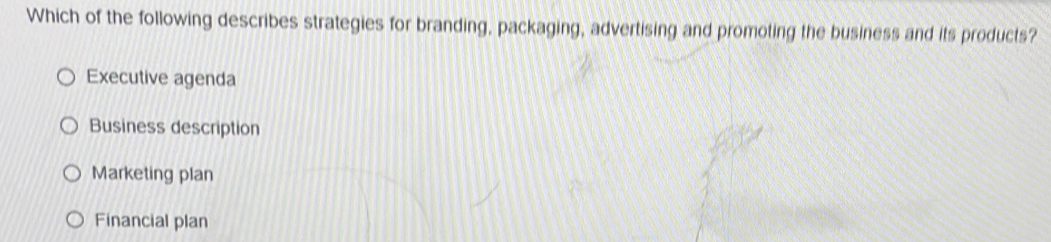 Which of the following describes strategies for branding, packaging, advertising and promoting the business and its products?
Executive agenda
Business description
Marketing plan
Financial plan