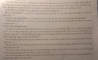 Việt Nam đang tập trang xây dựng các vùng đô thị, hành lang đô thị, đài đô thị ven biển, nhất là các đô
thị động lực của từng vùng và cả nước, đô thị kết nổi khu vực và quốc tê. Phát triên chuỗi các đô thị ven
biển, đô thị hải đảo gân với thực hiện chiến lược kinh sễ biển và báo đàm quốc phòng an nình
a) Hệ thống các đô thị tước ta phân bố không đều theo lãnh thổ Đ
phát triển.  b) Các đô thị tập trung chủ yếu ở vùng động bằng, ven biên, nơi có nhiều điều kiện thuận lợi, kinh tế
e) Cơ sở vật chất kĩ thuật, cơ sở hạ tầng của các đô thị đã được xây dựng hiện đại và hoàn thiện, 
và ngoài nước. d) Phát triển bộ thống các đô thị có cơ sở hạ tằng hiện đại góp phần thu hút nguồn vên đầu tư cá trong
d
Câu 6: Cho thông tin sau:
Đô thị hóa là động lực phát triển kinh tế của cả nước và các địa phương. Năm 2021, mặc dù chi chiếm
36,2% số lao động đang làm việc của cả nước nhưng đô thị đóng góp tửi 70% GDP, tạo nguồn thu chủ
yêu cho ngân sách. Trình độ đô thị hóa cáng cao, tỉ lê lao động đô thị cáng lớn thi đóng góp cho GDP căng
nhiều, thúc đẩy tăng trường kinh tế nhanh.
dộng lón [ a) Các đô thị nước ta tập trung hực lượng lạo động có trình độ cao nên có khả năng tạo ra năng suất lao
sống cho nhân đân. $ b) Các đô thị có khả năng tạo ra khổi lượng việc làm lớn cho người lao động, nâng cao chất hượng cuộc
e) Để khắc phục những hậu quả về mặt môi trường - xã hội do dân số tập trung đông ở các đô thị gây
ra cần phát triển manh mẽ các đô thị vó qui mô lớn. ộ
đ) Cơ cầu lạo động theo khu vực kinh tế ở các đô thị nước ta có sự chuyển dịch chủ yểu đo nguồn lao
dộng dùng, chất lượng náng lên