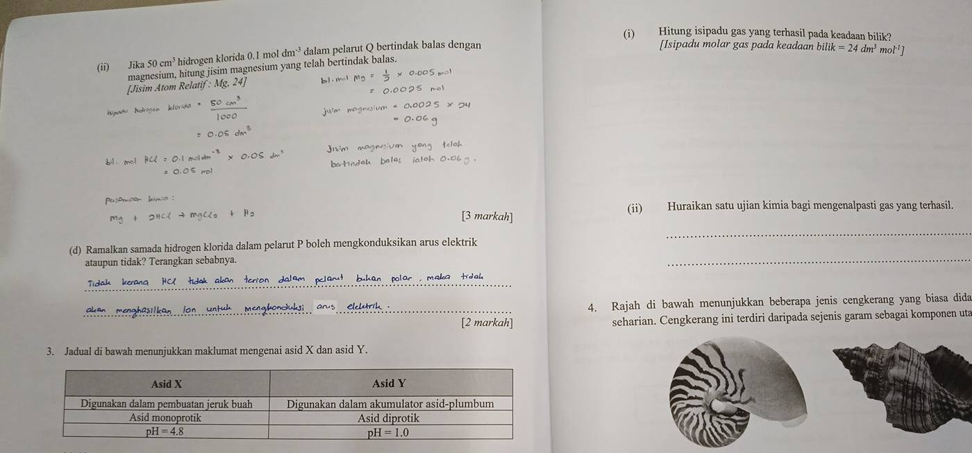 Hitung isipadu gas yang terhasil pada keadaan bilik?
(ii) Jik: 50cm^3 hidrogen klorida 0.1 mol dm^(-3) dalam pelarut Q bertindak balas dengan
[Isipadu molar gas pada keadaan bilik=24dm^3mol^(-1)]
magnesium, hitung jisim magnesium yang telah bertindak balas.
(ii) Huraikan satu ujian kimia bagi mengenalpasti gas yang terhasil.
[3 markah]
_
_
(d) Ramalkan samada hidrogen klorida dalam pelarut P boleh mengkonduksikan arus elektrik
ataupun tidak? Terangkan sebabnya.
Tidak keranq HC tidak akan terion dalam pclamt bukan polar, maka tidsh
ake   m eng has u ken... .en . .. nt uh . ...  meng konsluksi ... eo.  ek krk    4. Rajah di bawah menunjukkan beberapa jenis cengkerang yang biasa dida
[2 markah] seharian. Cengkerang ini terdiri daripada sejenis garam sebagai komponen uta
3. Jadual di bawah menunjukkan maklumat mengenai asid X dan asid Y.