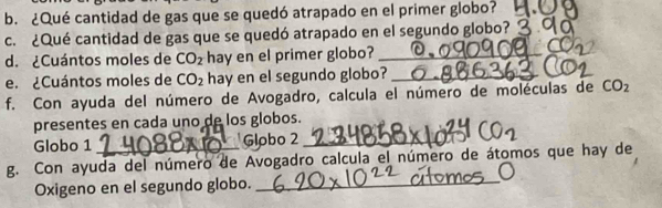 ¿Qué cantidad de gas que se quedó atrapado en el primer globo? 
c. ¿Qué cantidad de gas que se quedó atrapado en el segundo globo? 
d. ¿Cuántos moles de CO_2 hay en el primer globo?_ 
e. ¿Cuántos moles de CO_2 hay en el segundo globo?_ 
f. Con ayuda del número de Avogadro, calcula el número de moléculas de CO_2
presentes en cada uno de los globos. 
Globo 1 Globo 2_ 
g. Con ayuda del número de Avogadro calcula el número de átomos que hay de 
Oxigeno en el segundo globo._