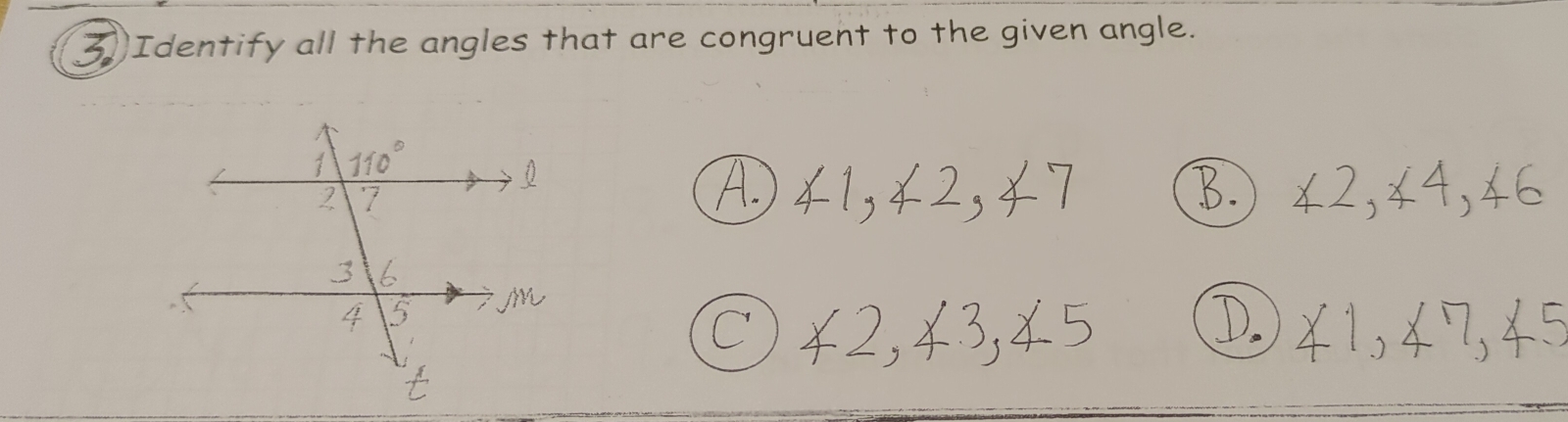 Identify all the angles that are congruent to the given angle.