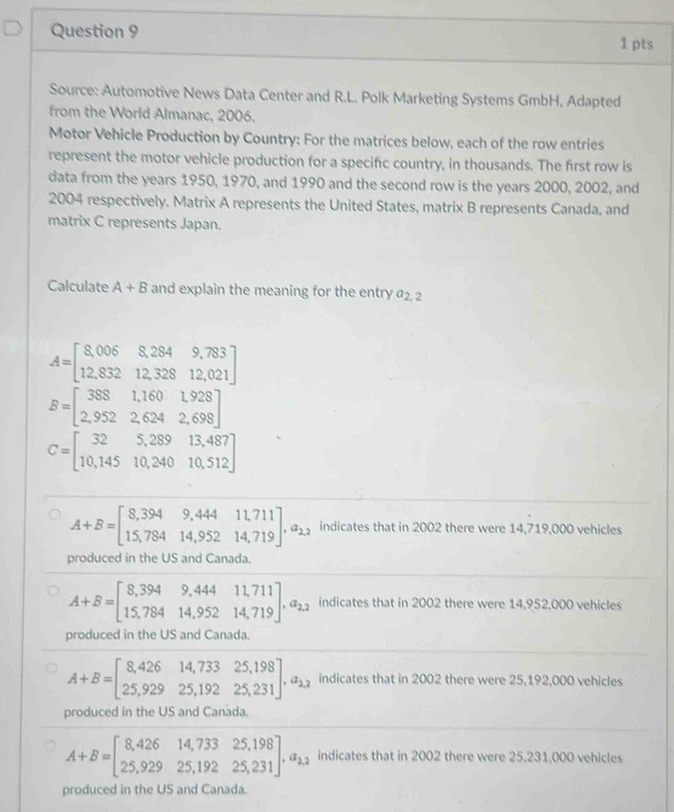 Source: Automotive News Data Center and R.L. Polk Marketing Systems GmbH, Adapted
from the World Almanac, 2006.
Motor Vehicle Production by Country: For the matrices below, each of the row entries
represent the motor vehicle production for a specific country, in thousands. The first row is
data from the years 1950, 1970, and 1990 and the second row is the years 2000, 2002, and
2004 respectively. Matrix A represents the United States, matrix B represents Canada, and
matrix C represents Japan.
Calculate A+B and explain the meaning for the entry a_2,2
A=beginbmatrix 8,006&8,284&9,783 12,832&12,328&12,021endbmatrix
B=beginbmatrix 388&1,160&1,928 2,952&2,624&2,698endbmatrix
C=beginbmatrix 32&5,289&13,487 10,145&10,240&10,512endbmatrix
A+B=beginbmatrix 8,394&9,444&11,711 15,784&14,952&14,719endbmatrix ,a_2,2 indicates that in 2002 there were 14,719,000 vehicles
produced in the US and Canada.
A+B=beginbmatrix 8,394&9,444&11,711 15,784&14,952&14,719endbmatrix ,a_2,2 indicates that in 2002 there were 14,952,000 vehicles
produced in the US and Canada.
A+B=beginbmatrix 8,426&14,733&25,198 25,929&25,192&25,231endbmatrix ,a_2,2 indicates that in 2002 there were 25,192,000 vehicles
produced in the US and Canada.
A+B=beginbmatrix 8,426&14,733&25,198 25,929&25,192&25,231endbmatrix ,a_2,2 indicates that in 2002 there were 25,231,000 vehicles
produced in the US and Canada.