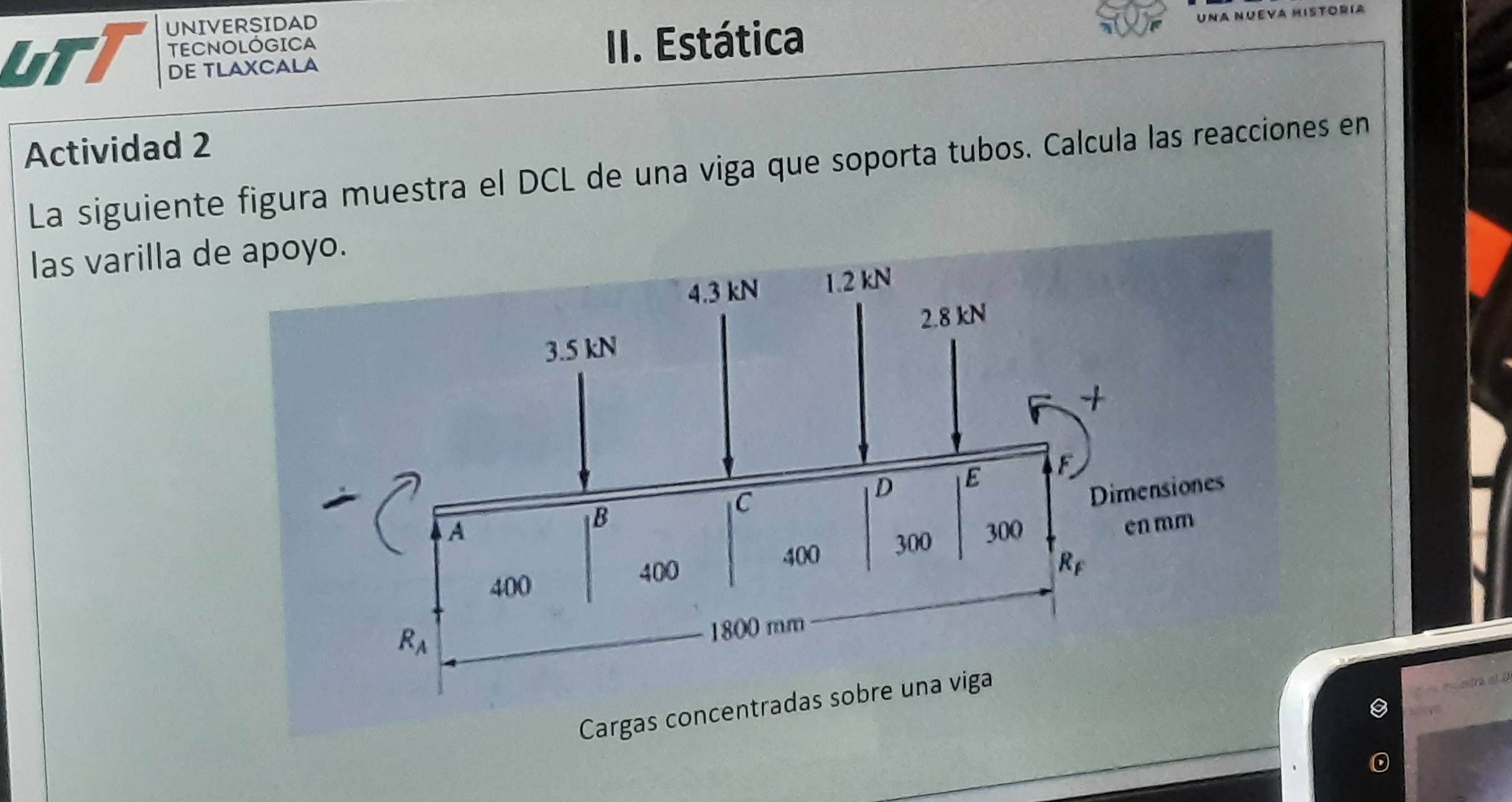 UNIVERSIDAD
LT TECNOLÓGICA
DE TLAXCALA II. Estática  U Na Nuev
Actividad 2
La siguiente figura muestra el DCL de una viga que soporta tubos. Calcula las reacciones en
las varilla de
Cargas concentradas sobre una viga
mosta e 
0