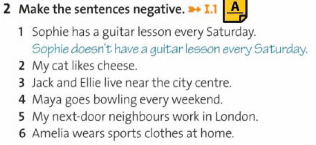 Make the sentences negative. I.1 A 
1 Sophie has a guitar lesson every Saturday. 
Sophie doesn't have a guitar lesson every Saturday. 
2 My cat likes cheese. 
3 Jack and Ellie live near the city centre. 
4 Maya goes bowling every weekend. 
5 My next-door neighbours work in London. 
6 Amelia wears sports clothes at home.