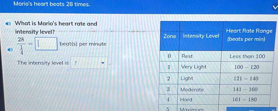 Mario's heart beats 28 times.
What is Mario's heart rate and
intensity level?
frac 28 1/4 =□ beat(s) per minute
The intensity level is ₹？
5  Maximum