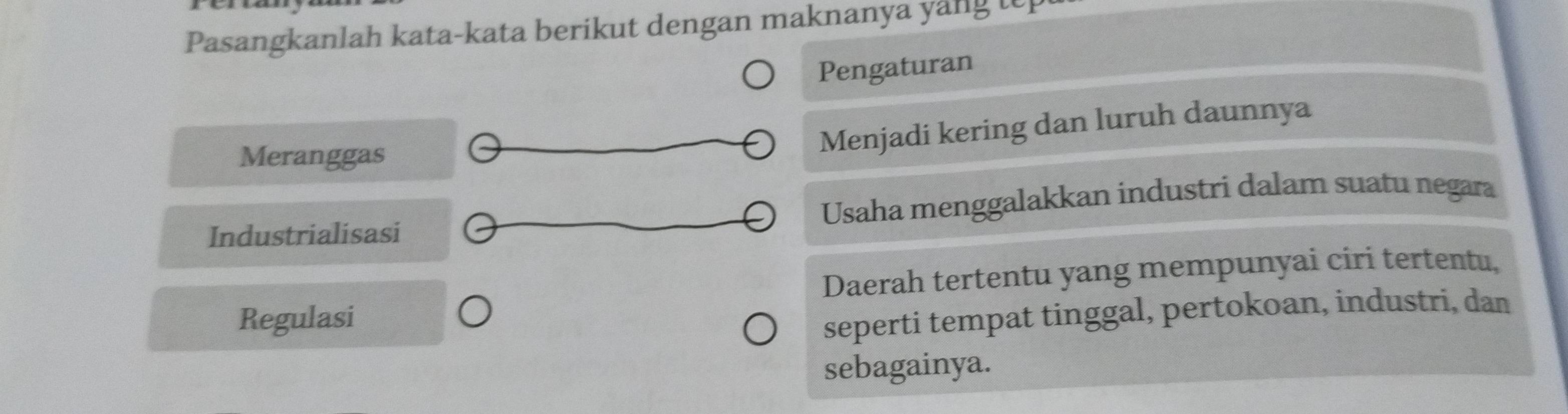 Pasangkanlah kata-kata berikut dengan maknanya yang tep 
Pengaturan 
Meranggas 
Menjadi kering dan luruh daunnya 
Industrialisasi Usaha menggalakkan industri dalam suatu negara 
Daerah tertentu yang mempunyai ciri tertentu, 
Regulasi 
seperti tempat tinggal, pertokoan, industri, dan 
sebagainya.