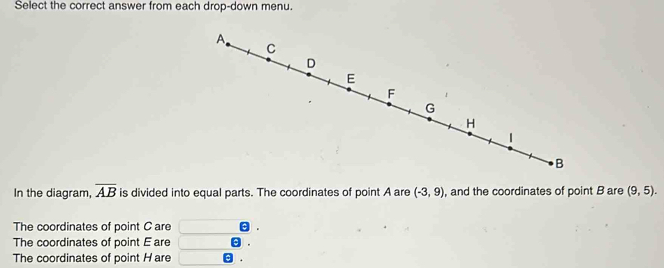 Select the correct answer from each drop-down menu. 
A.
C
D
E
F
G
H
B
In the diagram, overline AB is divided into equal parts. The coordinates of point A are (-3,9) , and the coordinates of point B are (9,5). 
The coordinates of point C are . 
The coordinates of point E are 
The coordinates of point H are