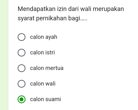 Mendapatkan izin dari wali merupakan
syarat pernikahan bagi.....
calon ayah
calon istri
calon mertua
calon wali
calon suami