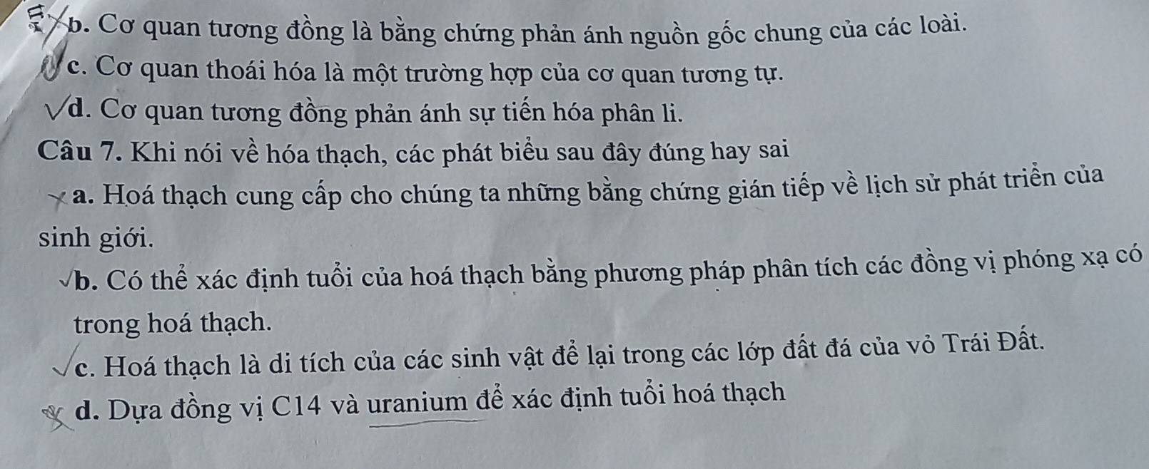 b. Cơ quan tương đồng là bằng chứng phản ánh nguồn gốc chung của các loài.
c. Cơ quan thoái hóa là một trường hợp của cơ quan tương tự.
d. Cơ quan tương đồng phản ánh sự tiến hóa phân li.
Câu 7. Khi nói về hóa thạch, các phát biểu sau đây đúng hay sai
a. Hoá thạch cung cấp cho chúng ta những bằng chứng gián tiếp về lịch sử phát triển của
sinh giới.
/b. Có thể xác định tuổi của hoá thạch bằng phương pháp phân tích các đồng vị phóng xạ có
trong hoá thạch.
c. Hoá thạch là di tích của các sinh vật để lại trong các lớp đất đá của vỏ Trái Đất.
d. Dựa đồng vị C14 và uranium để xác định tuổi hoá thạch