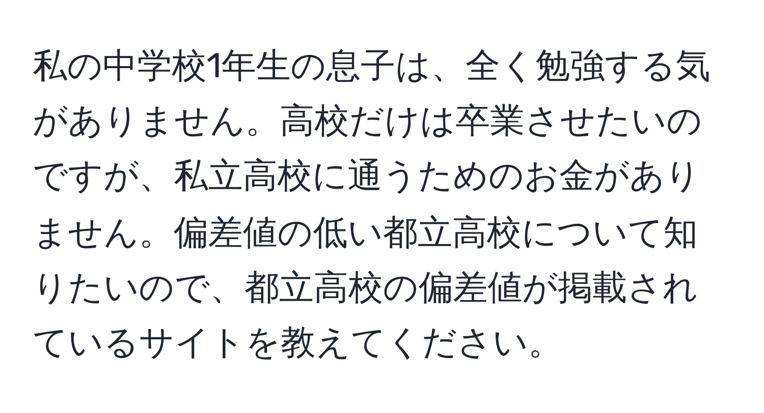 私の中学校1年生の息子は、全く勉強する気がありません。高校だけは卒業させたいのですが、私立高校に通うためのお金がありません。偏差値の低い都立高校について知りたいので、都立高校の偏差値が掲載されているサイトを教えてください。