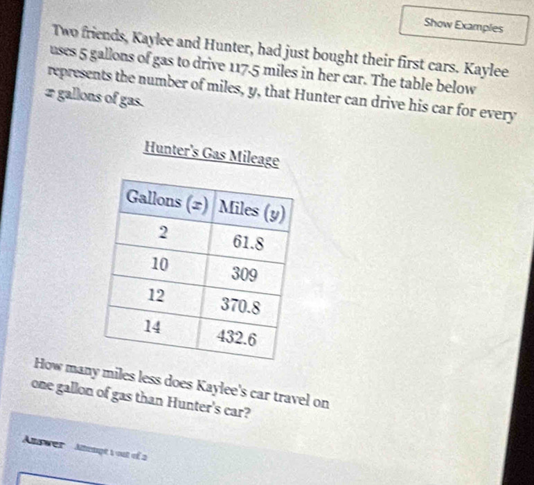 Show Examples 
Two friends, Kaylee and Hunter, had just bought their first cars. Kaylee 
uses 5 gallons of gas to drive 117.5 miles in her car. The table below 
represents the number of miles, y, that Hunter can drive his car for every
2 gallons of gas. 
Hunter's Gas Mileage 
How many miles less does Kaylee's car travel on
one gallon of gas than Hunter's car? 
An wer Aempt 1 out of 2