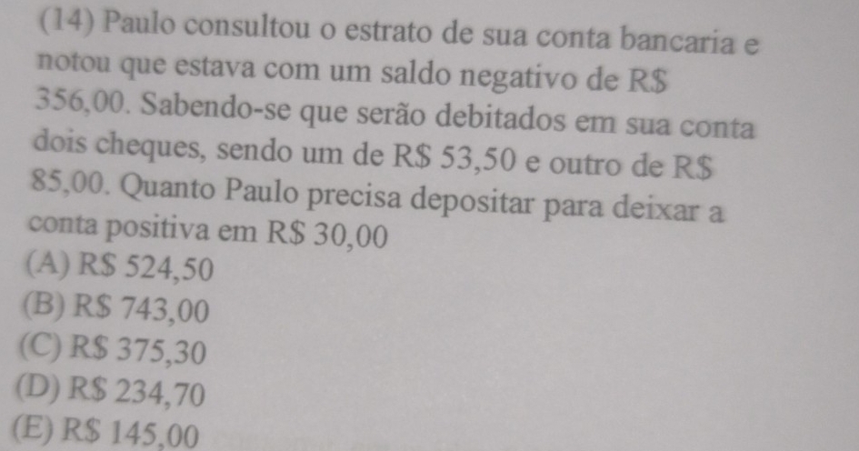 (14) Paulo consultou o estrato de sua conta bancaria e
notou que estava com um saldo negativo de R$
356,00. Sabendo-se que serão debitados em sua conta
dois cheques, sendo um de R$ 53,50 e outro de R$
85,00. Quanto Paulo precisa depositar para deixar a
conta positiva em R$ 30,00
(A) R$ 524,50
(B) R$ 743,00
(C) R$ 375,30
(D) R$ 234,70
(E) R$ 145,00