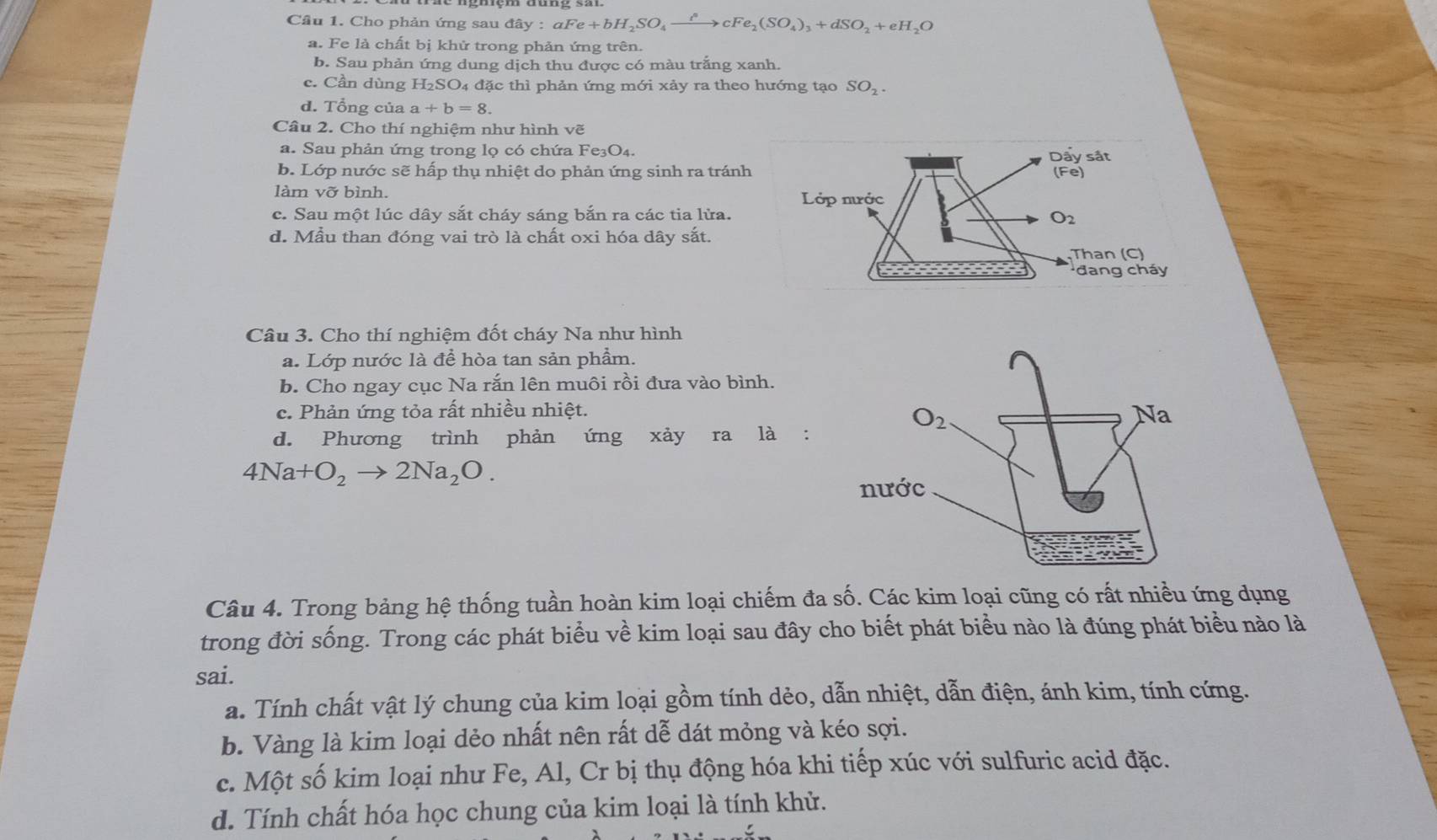 Cầu 1. Cho phản ứng sau dhat ay:aFe+bH_2SO_4xrightarrow i^*cFe_2(SO_4)_3+dSO_2+eH_2O
a. Fe là chất bị khử trong phản ứng trên.
b. Sau phản ứng dung dịch thu được có màu trắng xanh.
c. Cần dùng H_2SO 04 đặc thì phản ứng mới xảy ra theo hướng tạo SO_2.
d. Tổng của a+b=8.
Câu 2. Cho thí nghiệm như hình Ve
a. Sau phản ứng trong lọ có chứa Fe₃O₄.
b. Lớp nước sẽ hấp thụ nhiệt do phản ứng sinh ra tránh
làm vỡ bình.
c. Sau một lúc dây sắt cháy sáng bắn ra các tia lửa.
d. Mẫu than đóng vai trò là chất oxi hóa dây sắt.
Câu 3. Cho thí nghiệm đốt cháy Na như hình
a. Lớp nước là để hòa tan sản phẩm.
b. Cho ngay cục Na rắn lên muôi rồi đưa vào bình.
c. Phản ứng tỏa rất nhiều nhiệt.
d. Phương trình phản ứng xảy ra là :
4Na+O_2to 2Na_2O.
Câu 4. Trong bảng hệ thống tuần hoàn kim loại chiếm đa số. Các kim loại cũng có rất nhiều ứng dụng
trong đời sống. Trong các phát biểu về kim loại sau đây cho biết phát biểu nào là đúng phát biểu nào là
sai.
a. Tính chất vật lý chung của kim loại gồm tính dẻo, dẫn nhiệt, dẫn điện, ánh kim, tính cứng.
b. Vàng là kim loại dẻo nhất nên rất dễ dát mỏng và kéo sợi.
c. Một số kim loại như Fe, Al, Cr bị thụ động hóa khi tiếp xúc với sulfuric acid đặc.
d. Tính chất hóa học chung của kim loại là tính khử.