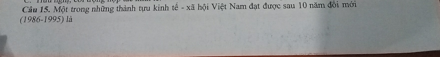 Một trong những thành tựu kinh tế - xã hội Việt Nam đạt được sau 10 năm đồi mới 
(1986-1995) là