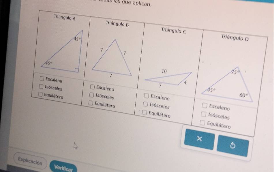 buas las que aplican.
×
5
Explicación Verificar