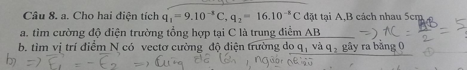 Cho hai điện tích q_1=9.10^(-8)C, q_2=16.10^(-8)C đặt tại A, B cách nhau 5cm
a. tìm cường độ điện trường tổng hợp tại C là trung điểm AB
b. tìm vị trí điểm N có vectơ cường độ điện trường do q_1 và q_2 gây ra bằng 0