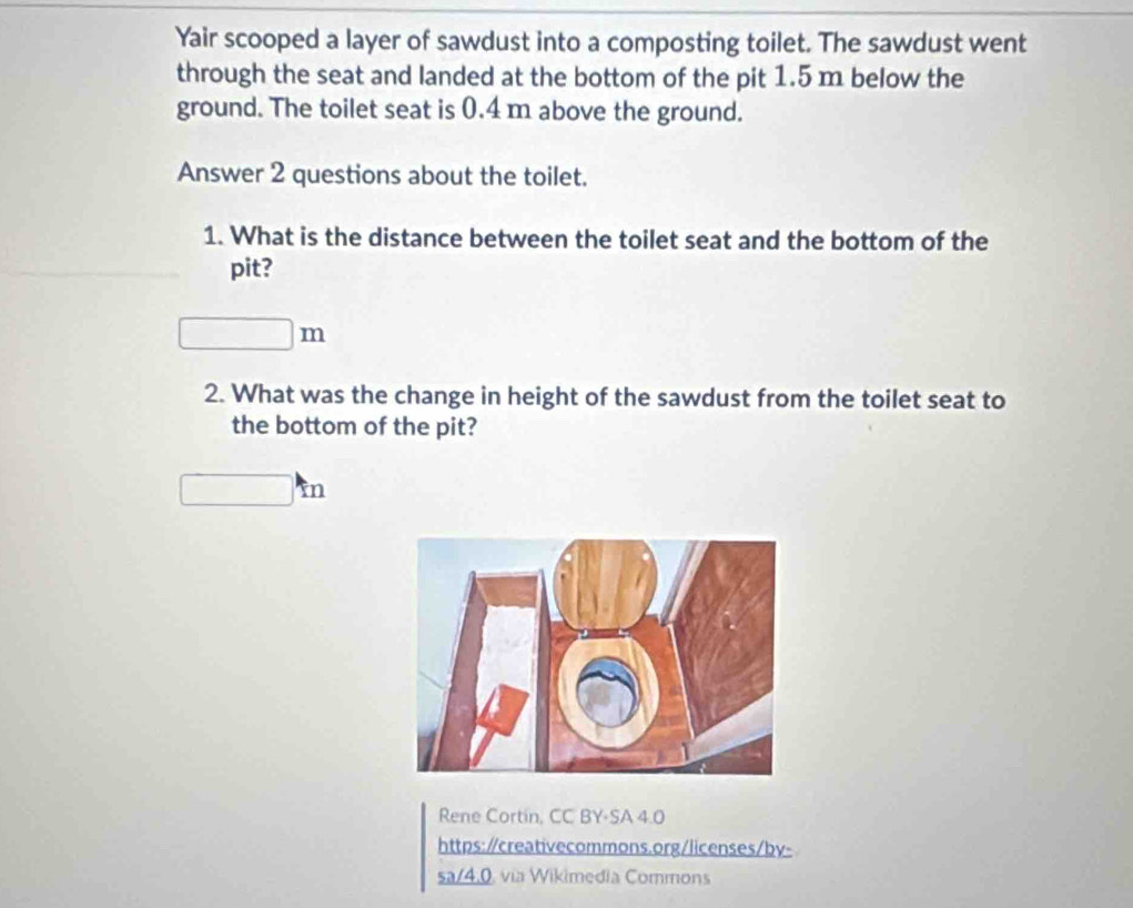 Yair scooped a layer of sawdust into a composting toilet. The sawdust went 
through the seat and landed at the bottom of the pit 1.5 m below the 
ground. The toilet seat is 0.4 m above the ground. 
Answer 2 questions about the toilet. 
1. What is the distance between the toilet seat and the bottom of the 
pit? 
2. What was the change in height of the sawdust from the toilet seat to 
the bottom of the pit? 
Rene Cortin, CC BY·SA 4.0 
https:/creativecommons.org/licenses/by- 
sa/4.0. via Wikimedia Commons