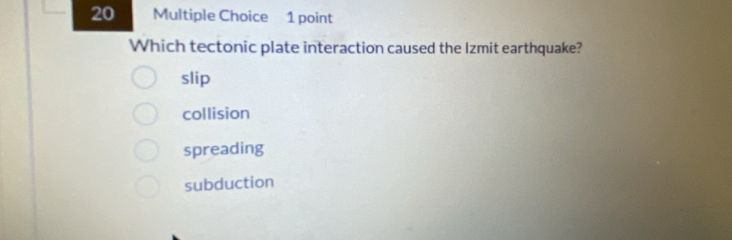 Which tectonic plate interaction caused the Izmit earthquake?
slip
collision
spreading
subduction