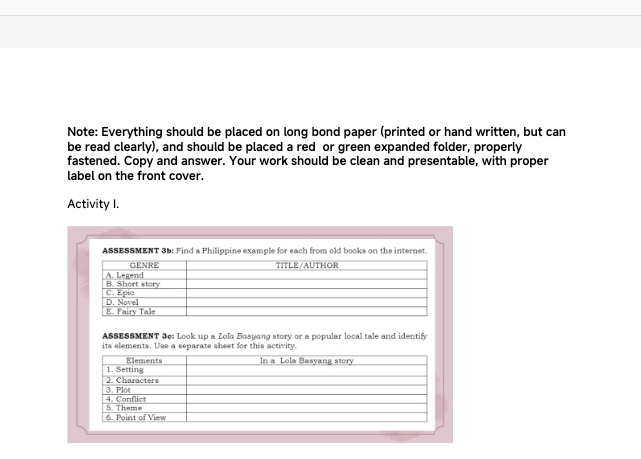 Note: Everything should be placed on long bond paper (printed or hand written, but can 
be read clearly), and should be placed a red or green expanded folder, properly 
fastened. Copy and answer. Your work should be clean and presentable, with proper 
label on the front cover. 
Activity I. 
ASSESSMENT 3b: Find a Philippine example for each from old books on the internet. 
ASSESSMENT 3e: Look up a Lola Baspang story or a popular local tale and identify 
its elements. Use a separate sheet for this activity.