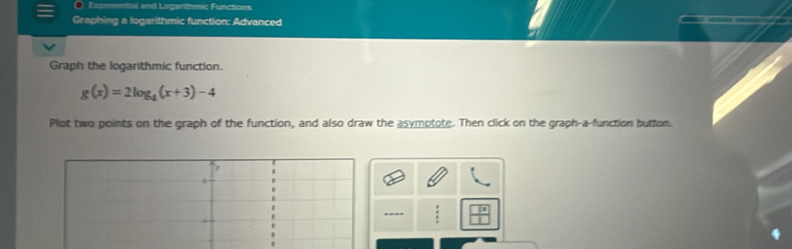 Expomential and Logarithmic Functions 
Graphing a logarithmic function: Advanced 
Graph the logarithmic function.
g(x)=2log _4(x+3)-4
Plot two points on the graph of the function, and also draw the asymptote. Then click on the graph-a-function button. 
---- :