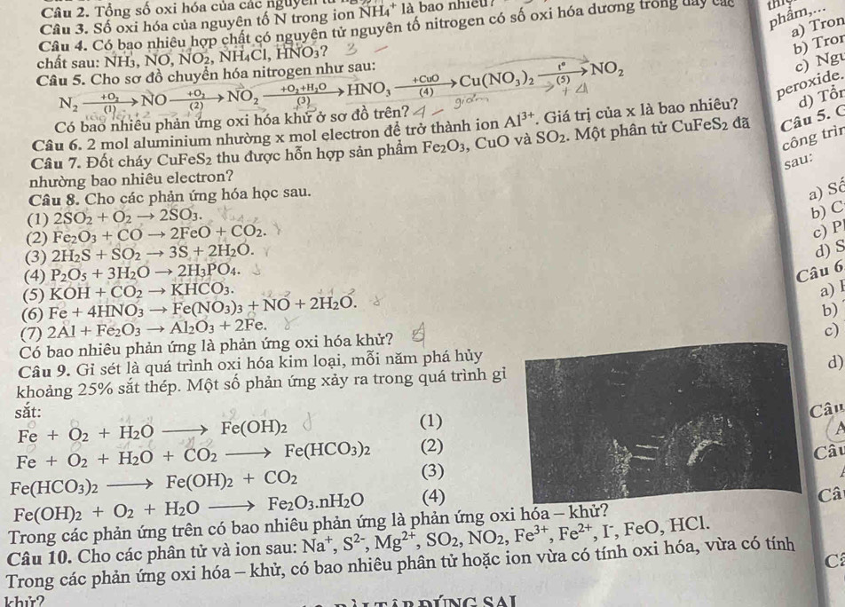 Tổng số oxi hóa của các nguyên tử
phẩm,...
Câu 3. Số oxi hóa của nguyên tố N trong ion JH_4^(+la bao nh iề u
a) Tron
Câu 4. Có bao nhiêu hợp chất có nguyên tử nguyên tố nitrogen có số oxi hóa dương trong đay các thy
chất sau: NH₃,
Câu 5. Cho sơ đồ chuyển hóa nitrogen như sau: N_2)xrightarrow +O_2NOxrightarrow +O_2NO_2xrightarrow +O_2+H_2OHNO_3xrightarrow +CuOCu(NO_3)_2xrightarrow 1°NO_2 NO,NO_2 , NH₄Cl, HNO₃?
b) Tror
c) Ng
peroxide.
Có bao nhiêu phản ứng oxi hóa khử ở sơ đồ trên?
Câu 6. 2 mol aluminium nhường x mol electron đề trở thành ion Al^(3+). Giá trị của x là bao nhiêu? d) Tổr
công trì
Câu 7. Đốt cháy CuFeS_2 thu được hỗn hợp sản phẩm Fe_2O_3 , CuO và SO_2 :. Một phân tử CuFeS2 đã Câu 5. (
sau:
nhường bao nhiêu electron?
Câu 8. Cho các phản ứng hóa học sau.
a) Số
(1) 2SO_2+O_2to 2SO_3.
b) C
(2) Fe_2O_3+COto 2FeO+CO_2.
c) P
(3) 2H_2S+SO_2to 3S+2H_2O.
d) S
(4) P_2O_5+3H_2Oto 2H_3PO_4.
Câu 6
(5) KOH+CO_2to KHCO_3.
a) l
(6) Fe+4HNO_3to Fe(NO_3)_3+NO+2H_2O.
b)
(7) 2Al+Fe_2O_3to Al_2O_3+2Fe. c)
Có bao nhiêu phản ứng là phản ứng oxi hóa khử?
Câu 9. Gỉ sét là quá trình oxi hóa kim loại, mỗi năm phá hủy
khoảng 25% sắt thép. Một số phản ứng xảy ra trong quá trình gi d)
sắt: Câu
Fe+O_2+H_2Oto Fe(OH)_2
(1)
A
Fe+O_2+H_2O+CO_2to Fe(HCO_3)_2 (2)
Câu
Fe(HCO_3)_2to Fe(OH)_2+CO_2
(3)
Fe(OH)_2+O_2+H_2Oto Fe_2O_3.nH_2O (4)
Câ
Trong các phản ứng trên có bao nhiêu phản ứng là phản ứng oxi hóa - khử?
Câu 10. Cho các phân tử và ion sau: Na^+,S^(2-),Mg^(2+),SO_2,NO_2,Fe^(3+),Fe^(2+),FeO,HO
C
Trong các phản ứng oxi hóa - khử, có bao nhiêu phân tử hoặc ion vừa có tính oxi hóa, vừa có tính
khử? Ar dúng sai