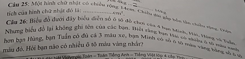 Một hình chữ nhật có chiều rội_ 
tích của hình chữ nhật đó là:_
cm^2.
16kg
cm. Chiều dài gập bốn lần chiều rộng. Diện 
Câu 26: Biểu đồ dưới đây biểu diễn số ô tô đồ chơi của 4 bạn Minh, Hải, Húng và Tuần 
Nhưng biểu đồ lại không ghi tên của các bạn. Biết rằng bạn Hải có nhiều ô tổ màu xanh 
hơn bạn Hùng, bạn Tuấn có đù cả 3 màu xe, bạn Minh có số ô tõ màu vàng bằng số ô tô 
màu đỏ. Hỏi bạn nào có nhiều ô tô màu vàng nhất? 
Nải Violympic Toán - Toán Tiếng Anh - Tiếng Việt lớp 4 cấp Tính