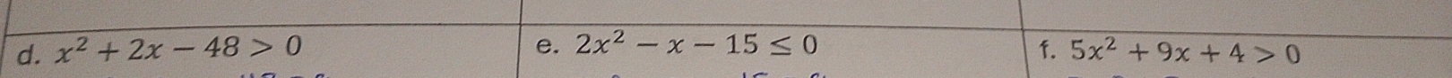 2x^2-x-15≤ 0
d. x^2+2x-48>0 f. 5x^2+9x+4>0