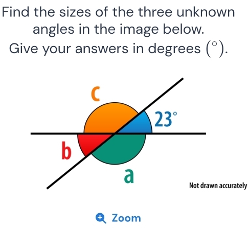 Find the sizes of the three unknown
angles in the image below.
Give your answers in degrees (^circ ).
accurately
a Zoom