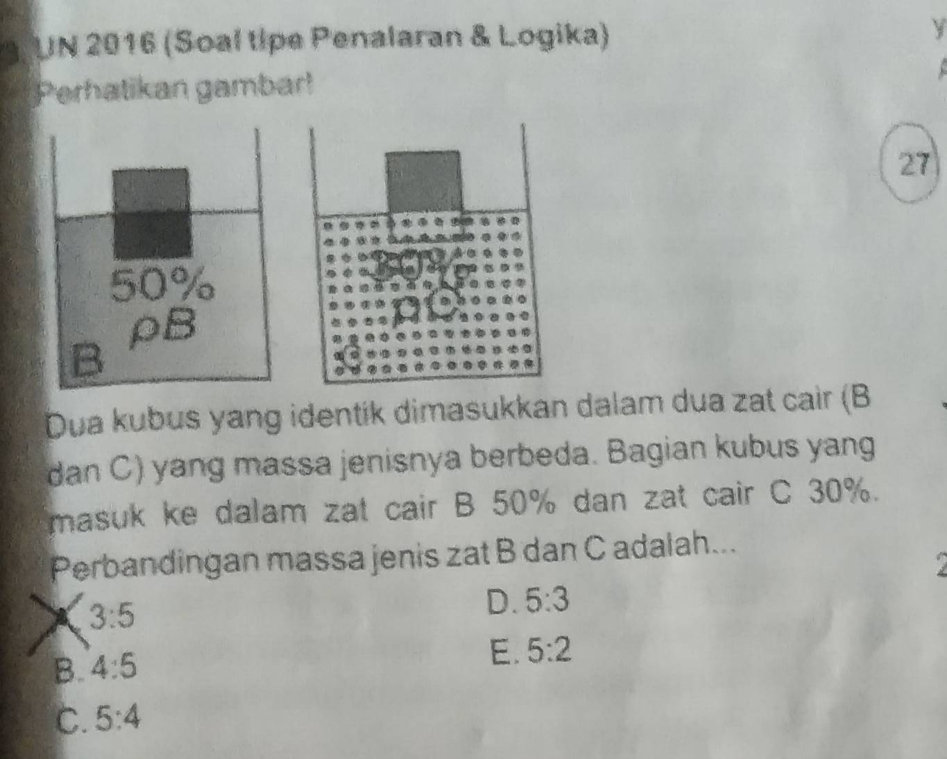 UN 2016 (Soal tipe Penalaran & Logika) Y
Perhatikan gambar!
27
Dua kubus yang identik dimasukkan dalam dua zat cair (B
dan C) yang massa jenisnya berbeda. Bagian kubus yang
masuk ke dalam zat cair B 50% dan zat cair C 30%.
Perbandingan massa jenis zat B dan C adalah...
3:5
D. 5:3
B. 4:5
E. 5:2
C. 5:4