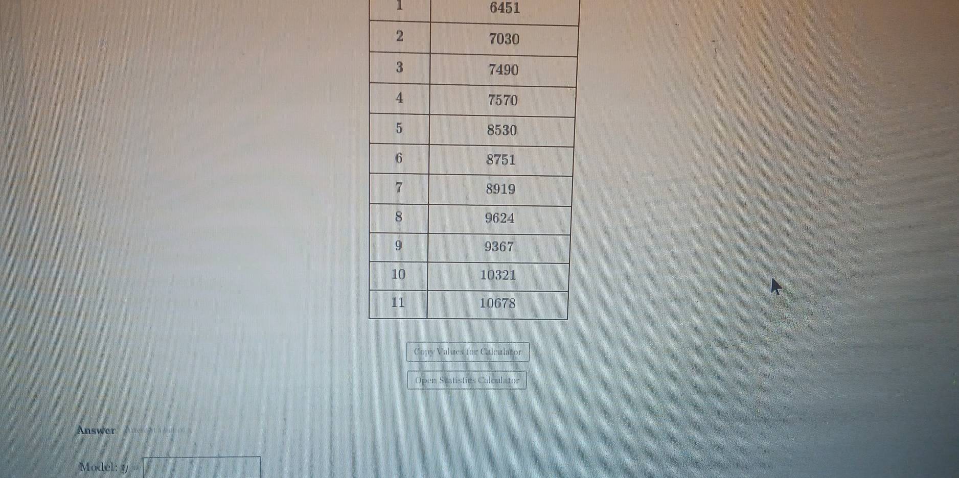 1 6451 
Open Statistics Calculator 
Answer 
Model: y |M=□