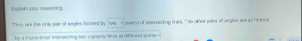 Explain your reasoning. 
They are the only pair of angles formed by two pair(s) of intersecting lines. The other pairs of angles are all formed 
by a transversal intersecting two coplanar lines at different points =