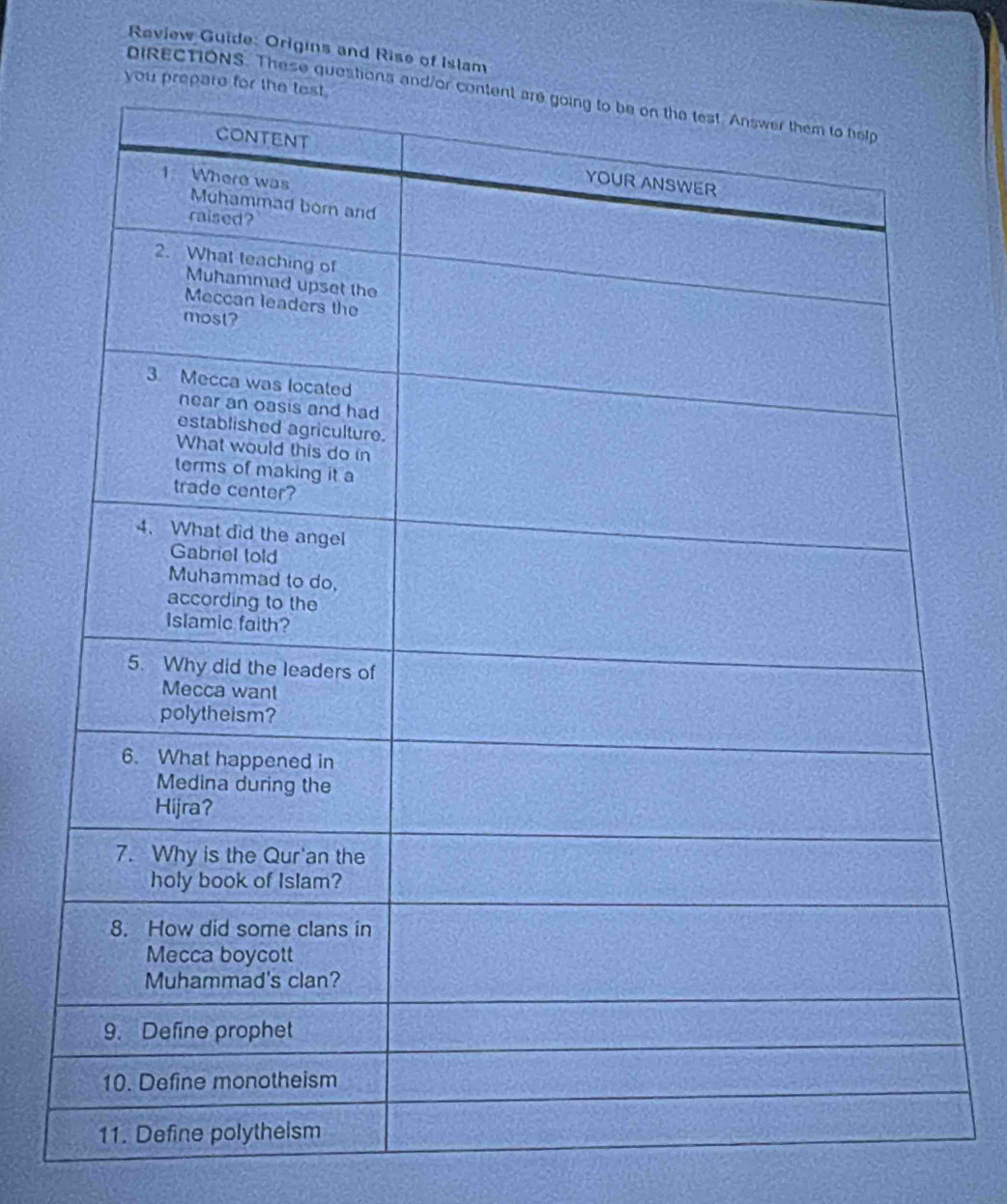 Review Guide: Origins and Rise of Islam 
DiRECTIONS. These que