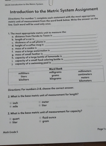 Solved: 09.05 Introduction to the Metric System Introduction to the ...