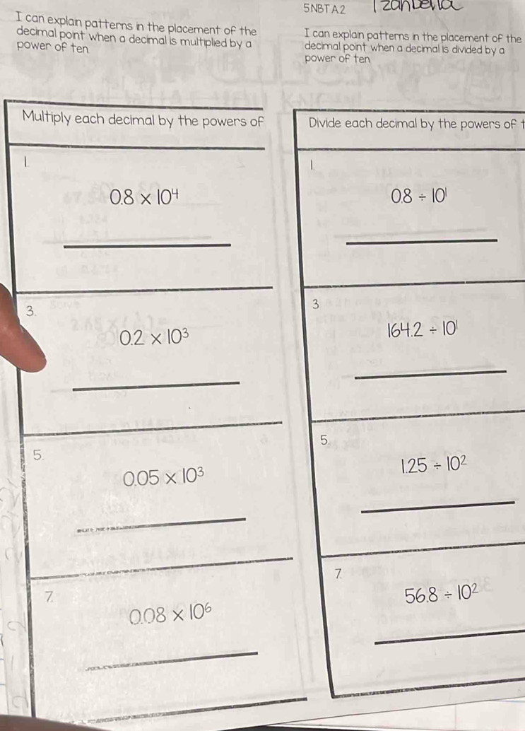 5NBTA2 Tzandenc
I can explain patterns in the placement of the I can explain patterns in the placement of the
decimal point when a decimal is multiplied by a decimal point when a decimal is divided by a
power of ten
power of ten
Mrs of t
L
3
_
_
_