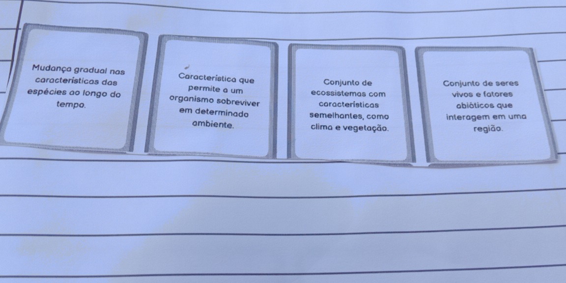 Mudança gradual nas Característica que Conjunto de 
Conjunto de seres 
características das permite a um ecossistemas com 
vivos e fatores 
_ 
espécies ao longo do organismo sobreviver características 
abióticos que 
tempo. em determinado semelhantes, como 
interagem em uma 
_ 
ambiente. clima e vegetação. 
região. 
_ 
_ 
_