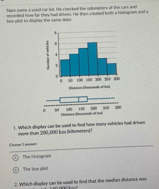 Nam owns a used car lot. He checked the odometers of the cars and
recorded how far they had driven. He then created both a histogram and a
box plot to display the same data:
1. Which display can be used to find how many vehicles had driven
more than 200,000 km (kilometers)?
Choose 1 answer:
A The histogram
0 The box plot
2. Which display can be used to find that the median distance was
40 000 km2